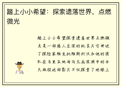 踏上小小希望：探索遗落世界，点燃微光